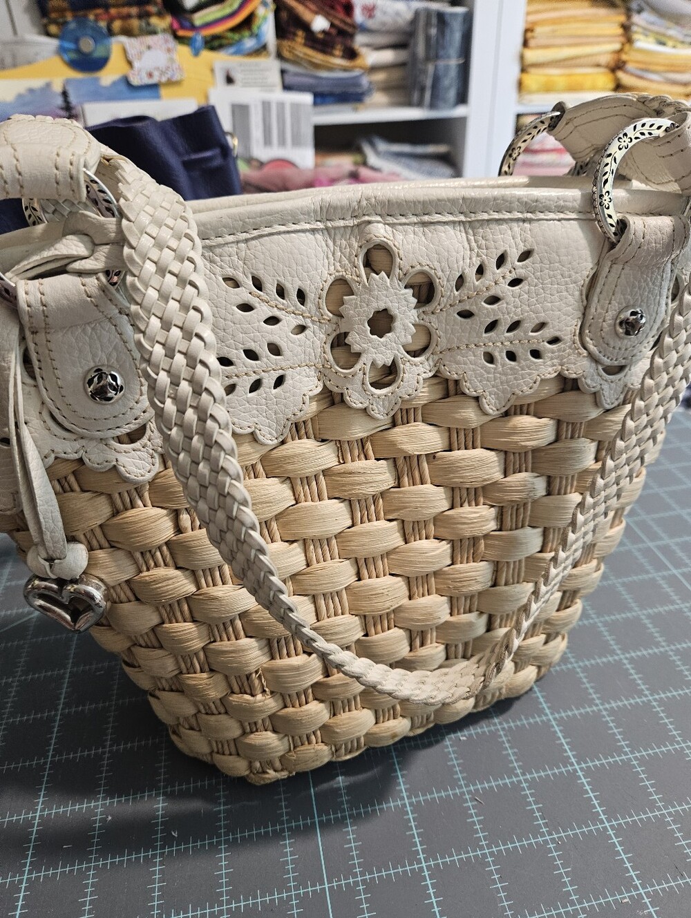 Brighton Cream and Natural Woven Tote with Floral Laser-Cut Trim